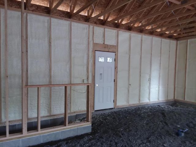 Framed garage walls air sealed with spray foam insulation around a white entry door