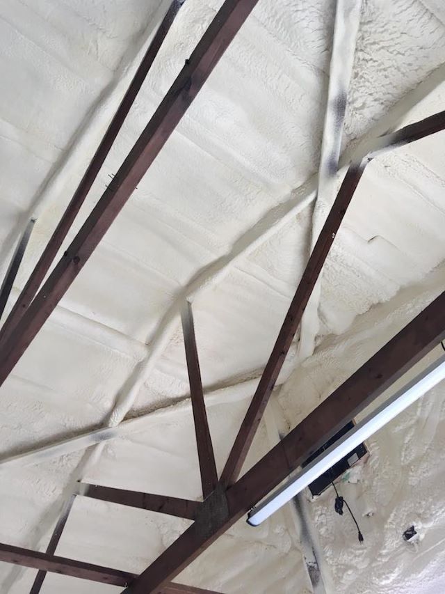 Underside of a roof coated in spray foam insulation around dark wooden trusses